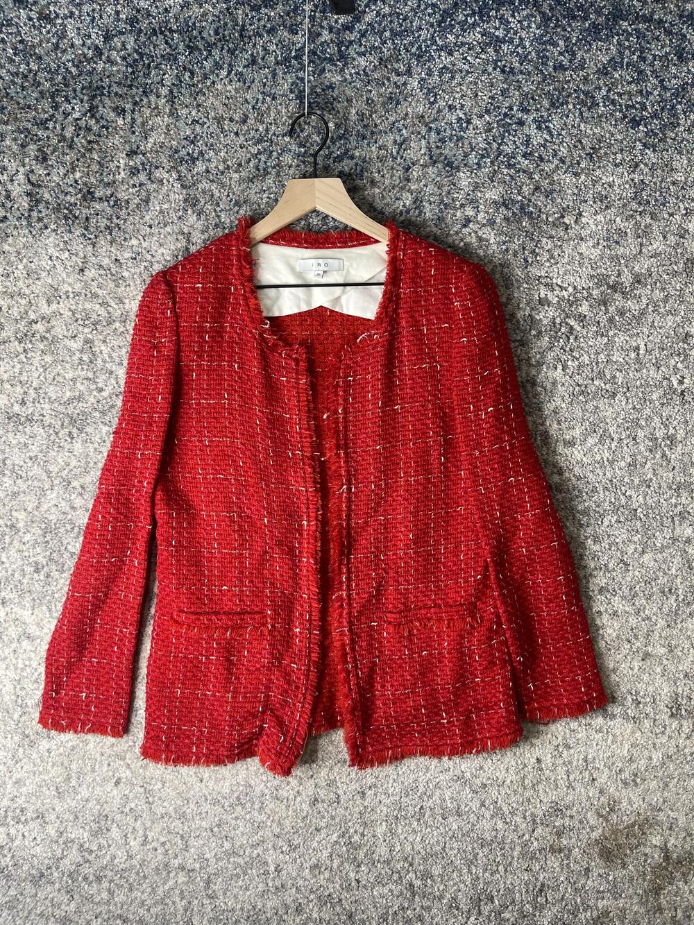 IRO Jacket Womens 36 Red QUETSY Boucle Tweed Open Front Frayed Trim Raw Edge
